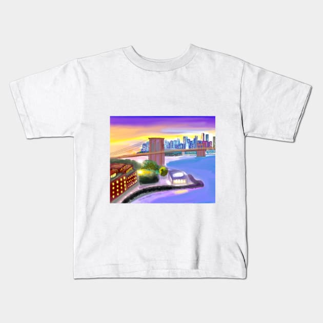 Sunset at the Brooklyn Bridge Kids T-Shirt by Haborand